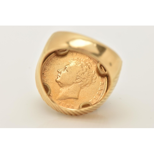 36 - A GENTS 18CT GOLD MOUNTED FULL SOVEREIGN RING, obverse depicting George IV dated 1825, reverse with ... 