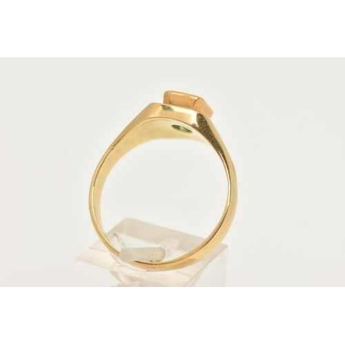 37 - A GENTS 18CT GOLD, EMERALD RING, set with an emerald cut emerald, measuring approximately in mount l... 