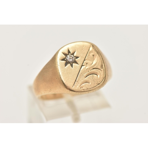 38 - A GENTS 9CT GOLD SIGNET RING, of a rounded form detailed with a foliate pattern and a star set round... 