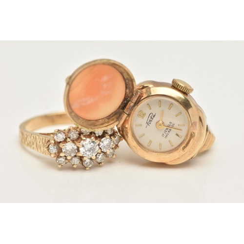 39 - A 9CT GOLD DIAMOND CLUSTER RING AND A CAMEO WATCH RING, the cluster set with round brilliant cut dia... 