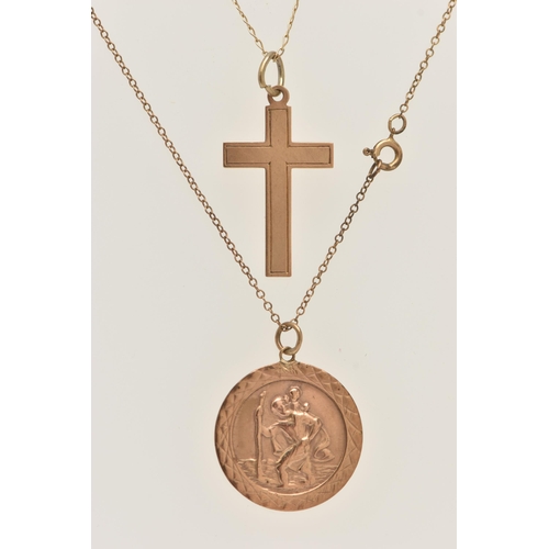 44 - A 9CT GOLD ST CHRISTOPHER PENDANT AND YELLOW METAL CROSS PENDANT, a circular form St Christopher's p... 