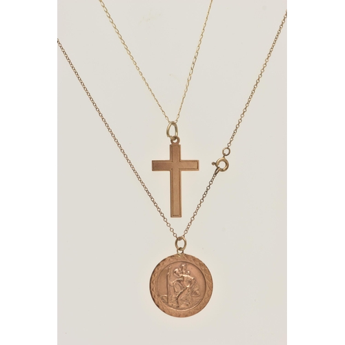 44 - A 9CT GOLD ST CHRISTOPHER PENDANT AND YELLOW METAL CROSS PENDANT, a circular form St Christopher's p... 