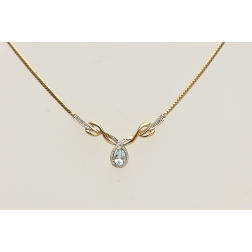 45 - A 9CT GOLD GEM SET NECKLACE, designed as a yellow gold modern festoon style necklace, set with a pea... 