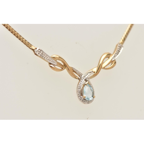 45 - A 9CT GOLD GEM SET NECKLACE, designed as a yellow gold modern festoon style necklace, set with a pea... 