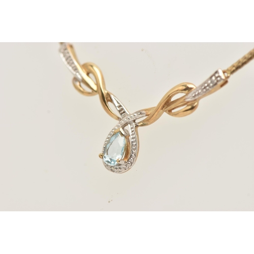 45 - A 9CT GOLD GEM SET NECKLACE, designed as a yellow gold modern festoon style necklace, set with a pea... 