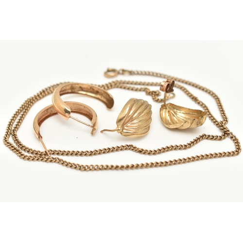 51 - AN ASSORTMENT OF YELLOW METAL JEWELLERY, to include a fine curb link chain, fitted with a spring cla... 