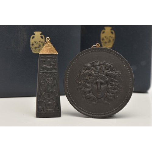 54 - TWO LARGE 'WEDGWOOD' PENDANTS, the first a circular form black basalt pedant depicting Medusa, appro... 