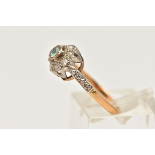 57 - A GEM SET CLUSTER RING, single cut diamonds surrounding a light blue paste stone, set in white metal... 