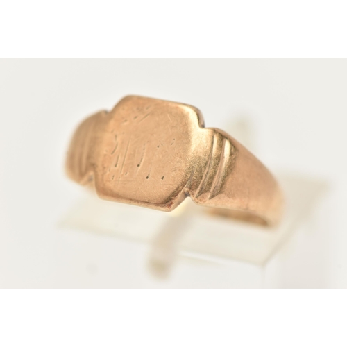 58 - A 9CT GOLD SIGNET RING, a square form signet with tapered shoulders, hallmarked 9ct Birmingham, ring... 