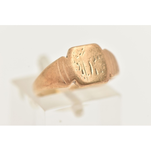 58 - A 9CT GOLD SIGNET RING, a square form signet with tapered shoulders, hallmarked 9ct Birmingham, ring... 