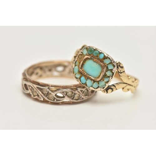 59 - TWO RINGS, the first a yellow metal 19th century ring, set with AF turquoise stones, unmarked, ring ... 