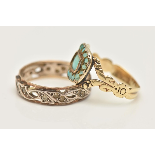 59 - TWO RINGS, the first a yellow metal 19th century ring, set with AF turquoise stones, unmarked, ring ... 