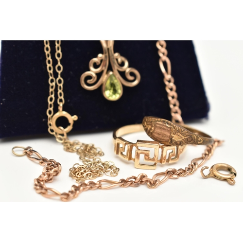 6 - A SELECTION OF JEWELLERY, to include a 9ct gold scrolling peridot pendant suspended from fine belche... 