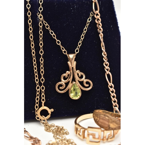 6 - A SELECTION OF JEWELLERY, to include a 9ct gold scrolling peridot pendant suspended from fine belche... 