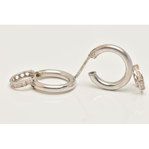 60 - TWO PAIRS OF HOOP EARRINGS, the first a pair of hollow white metal hoops, with lever fittings, appro... 