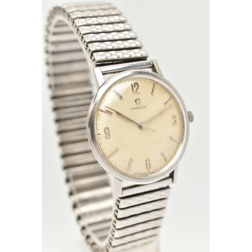 67 - AN OMEGA WRISTWATCH, hand wound movement, round dial signed 'Omega', baton markers, Arabic numerals ... 