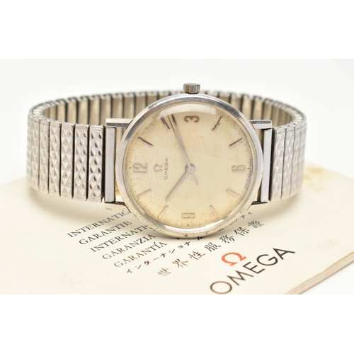 67 - AN OMEGA WRISTWATCH, hand wound movement, round dial signed 'Omega', baton markers, Arabic numerals ... 