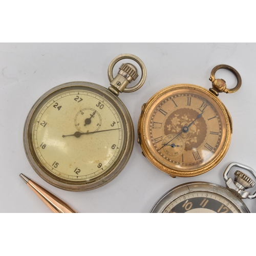 70 - THREE POCKET WATCHES, A STOP WATCH AND A PENCIL, to include a silver cased open face pocket watch, h... 