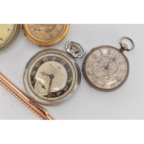 70 - THREE POCKET WATCHES, A STOP WATCH AND A PENCIL, to include a silver cased open face pocket watch, h... 