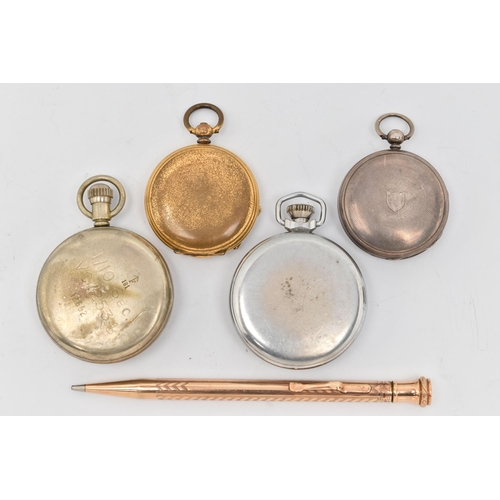 70 - THREE POCKET WATCHES, A STOP WATCH AND A PENCIL, to include a silver cased open face pocket watch, h... 