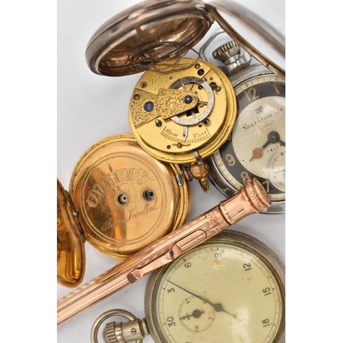 70 - THREE POCKET WATCHES, A STOP WATCH AND A PENCIL, to include a silver cased open face pocket watch, h... 