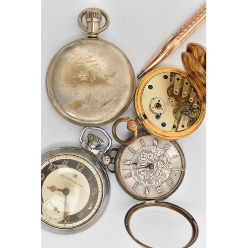 70 - THREE POCKET WATCHES, A STOP WATCH AND A PENCIL, to include a silver cased open face pocket watch, h... 