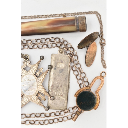 71 - AN ASSORTMENT OF JEWELLERY, to include a spinning key fob, an intaglio fob, a white metal ingot pend... 