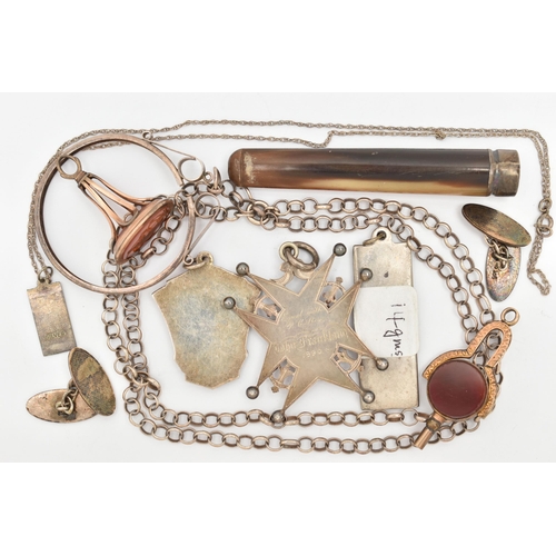 71 - AN ASSORTMENT OF JEWELLERY, to include a spinning key fob, an intaglio fob, a white metal ingot pend... 