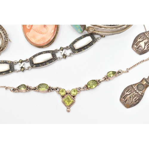 74 - A SMALL ASSORTMENT OF WHITE METAL JEWELLERY, to include a white metal and mother of pearl bracelet, ... 