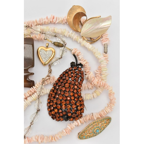 75 - AN ASSORTMENT OF JEWELLERY, to include three shell necklaces, three brooches, a heart pendant, a pai... 