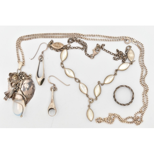 76 - A SMALL SELECTION OF WHITE METAL JEWELLERY, to include a white metal and mother of pearl necklace, a... 