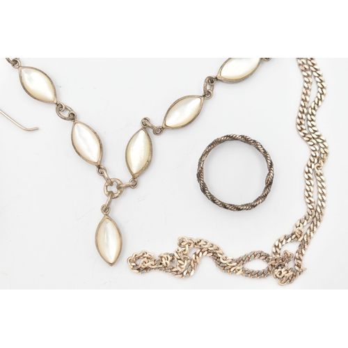 76 - A SMALL SELECTION OF WHITE METAL JEWELLERY, to include a white metal and mother of pearl necklace, a... 