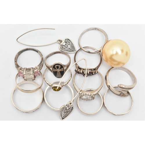 79 - A SMALL ASSORTMENT OF WHITE METAL JEWELLERY, to include twelve rings and a pair of earrings, most st... 