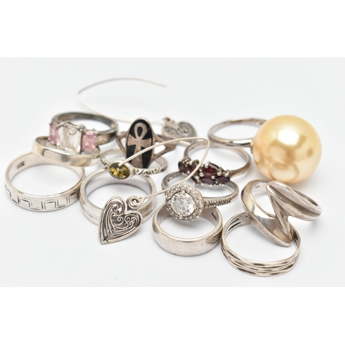 79 - A SMALL ASSORTMENT OF WHITE METAL JEWELLERY, to include twelve rings and a pair of earrings, most st... 