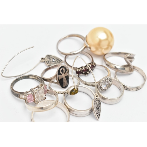 79 - A SMALL ASSORTMENT OF WHITE METAL JEWELLERY, to include twelve rings and a pair of earrings, most st... 