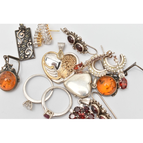 81 - A SMALL ASSORTMENT OF WHITE METAL JEWELLERY, to include five pairs of earrings, four pendants and tw... 