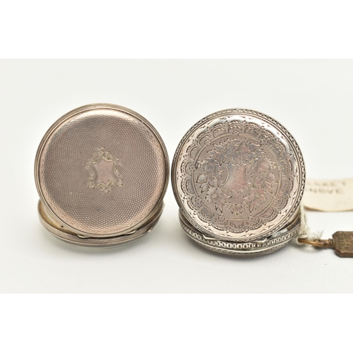 85 - TWO OPEN FACE POCKET WATCHES, the first a ladies key wound movement, Roman numerals, floral etched d... 