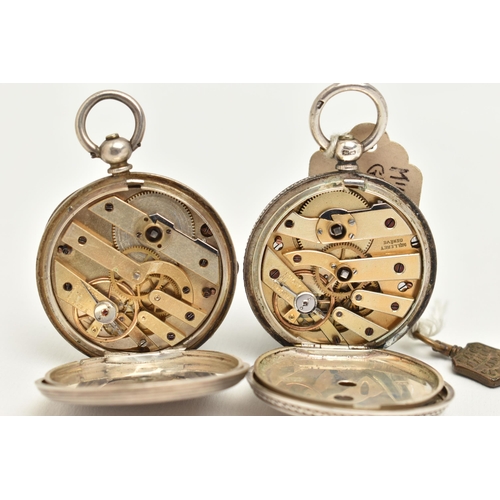 85 - TWO OPEN FACE POCKET WATCHES, the first a ladies key wound movement, Roman numerals, floral etched d... 