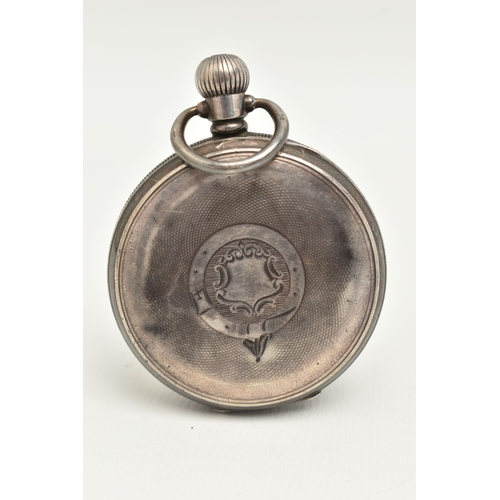 86 - A SILVER CASED OPEN FACE POCKET WATCH, hand wound movement, white round dial, signed 'The Bell', Ara... 