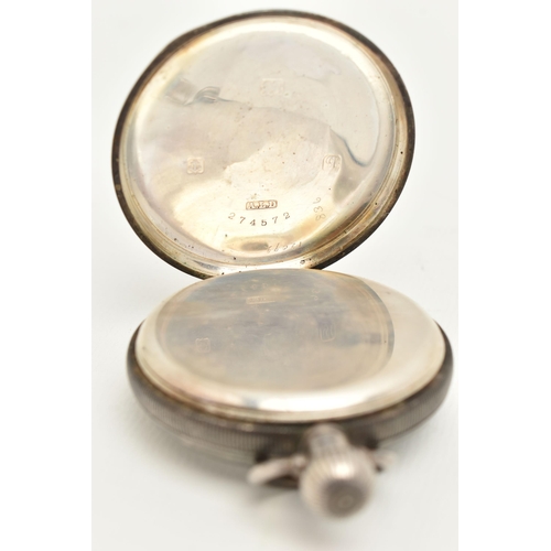 86 - A SILVER CASED OPEN FACE POCKET WATCH, hand wound movement, white round dial, signed 'The Bell', Ara... 