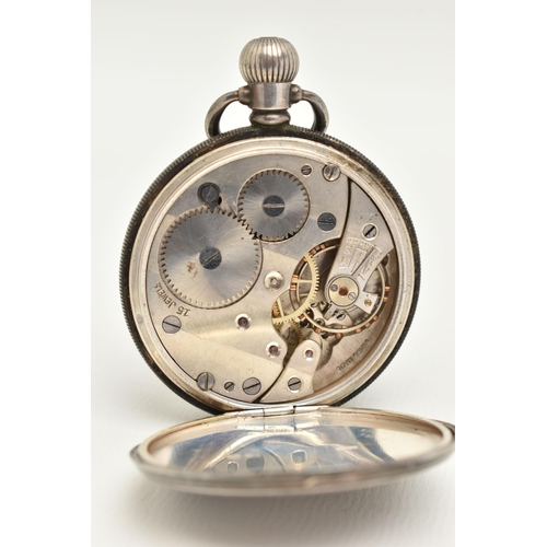 86 - A SILVER CASED OPEN FACE POCKET WATCH, hand wound movement, white round dial, signed 'The Bell', Ara... 