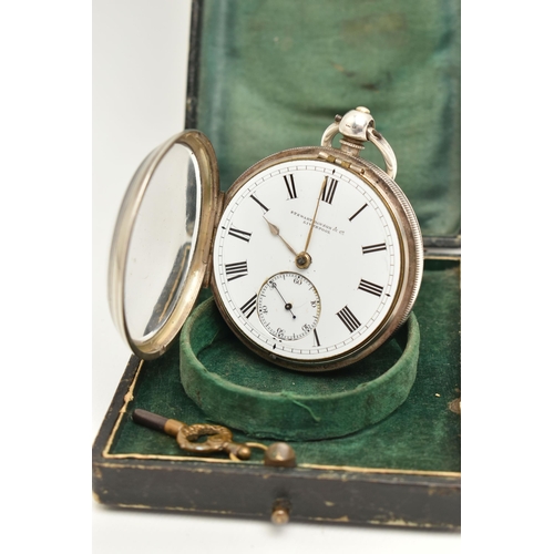 87 - A SILVER CASED POCKET WATCH, key wound movement, round white dial signed 'Stewart Dawson & Co Liverp... 