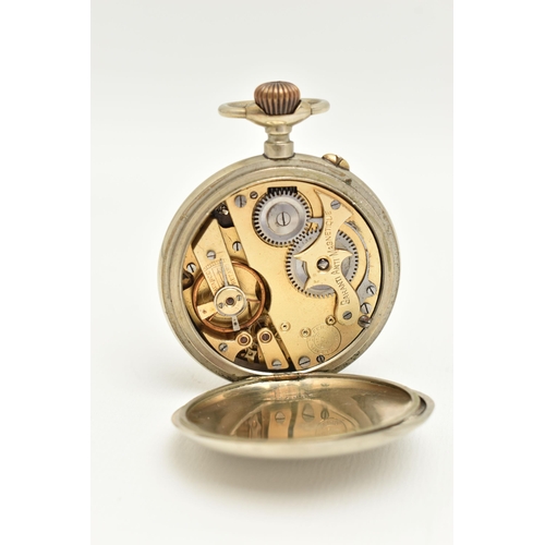 89 - AN OPEN FACE POCKET WATCH, hand wound movement, round silver tone dial, signed 'Chemin De Fer', worn... 