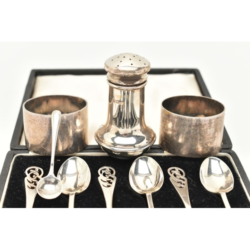 100 - AN ASSORTMENT OF SILVER, to include a cased set of six teaspoons, hallmarked 'D N H & S' Sheffield 1... 