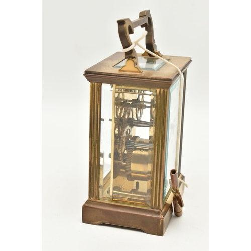 118 - A BRASS CARRIAGE CLOCK, a rectangular clock white dial with Roman numerals, signed 'Nathan and Co Bi... 