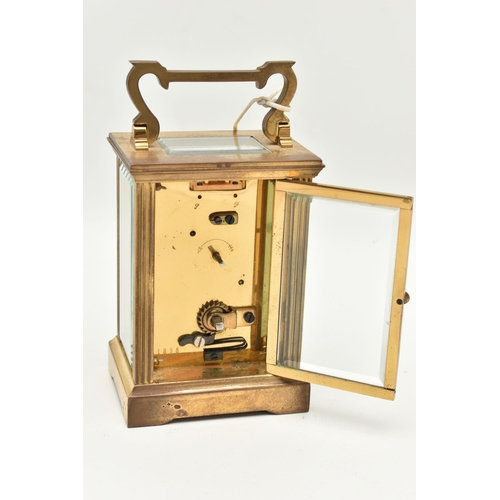 118 - A BRASS CARRIAGE CLOCK, a rectangular clock white dial with Roman numerals, signed 'Nathan and Co Bi... 