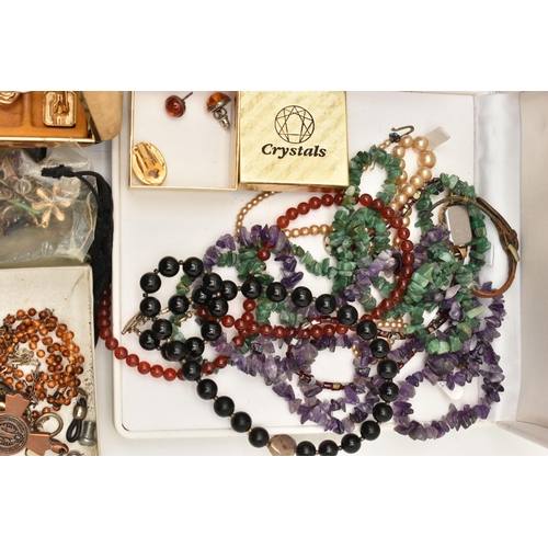 123 - A BOX OF ASSORTED JEWELLERY, to include four white metal cuff bracelets, assorted semi-precious gem ... 