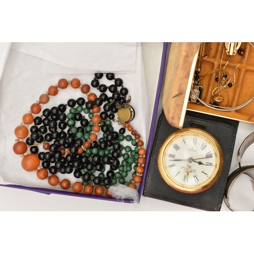 123 - A BOX OF ASSORTED JEWELLERY, to include four white metal cuff bracelets, assorted semi-precious gem ... 