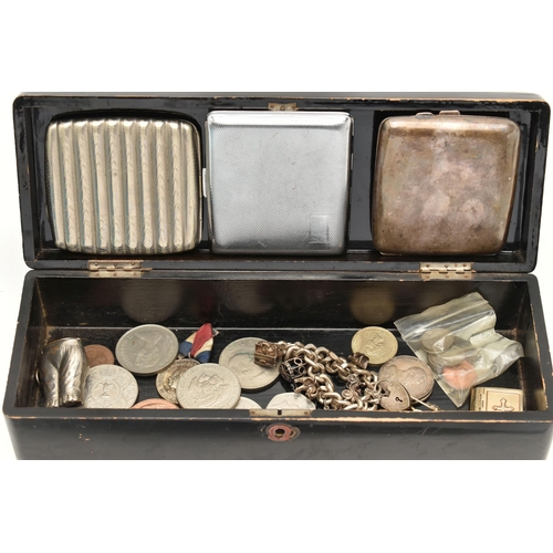 124 - A BOX OF ASSORTED ITEMS, to include a silver curb link charm bracelet, fitted with a heart padlock c... 