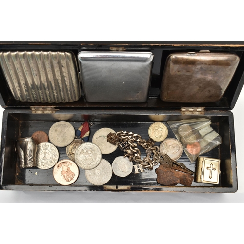 124 - A BOX OF ASSORTED ITEMS, to include a silver curb link charm bracelet, fitted with a heart padlock c... 